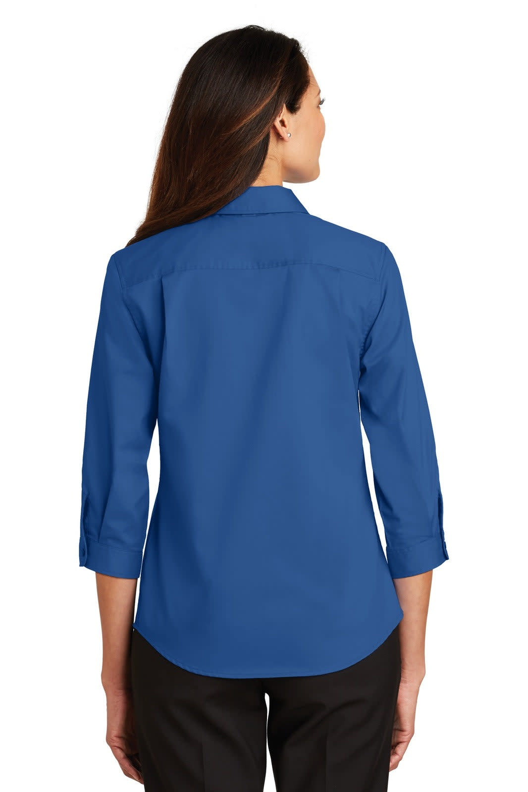 A blue women's 3/4-sleeve button-up shirt, featuring a back view and a logo.