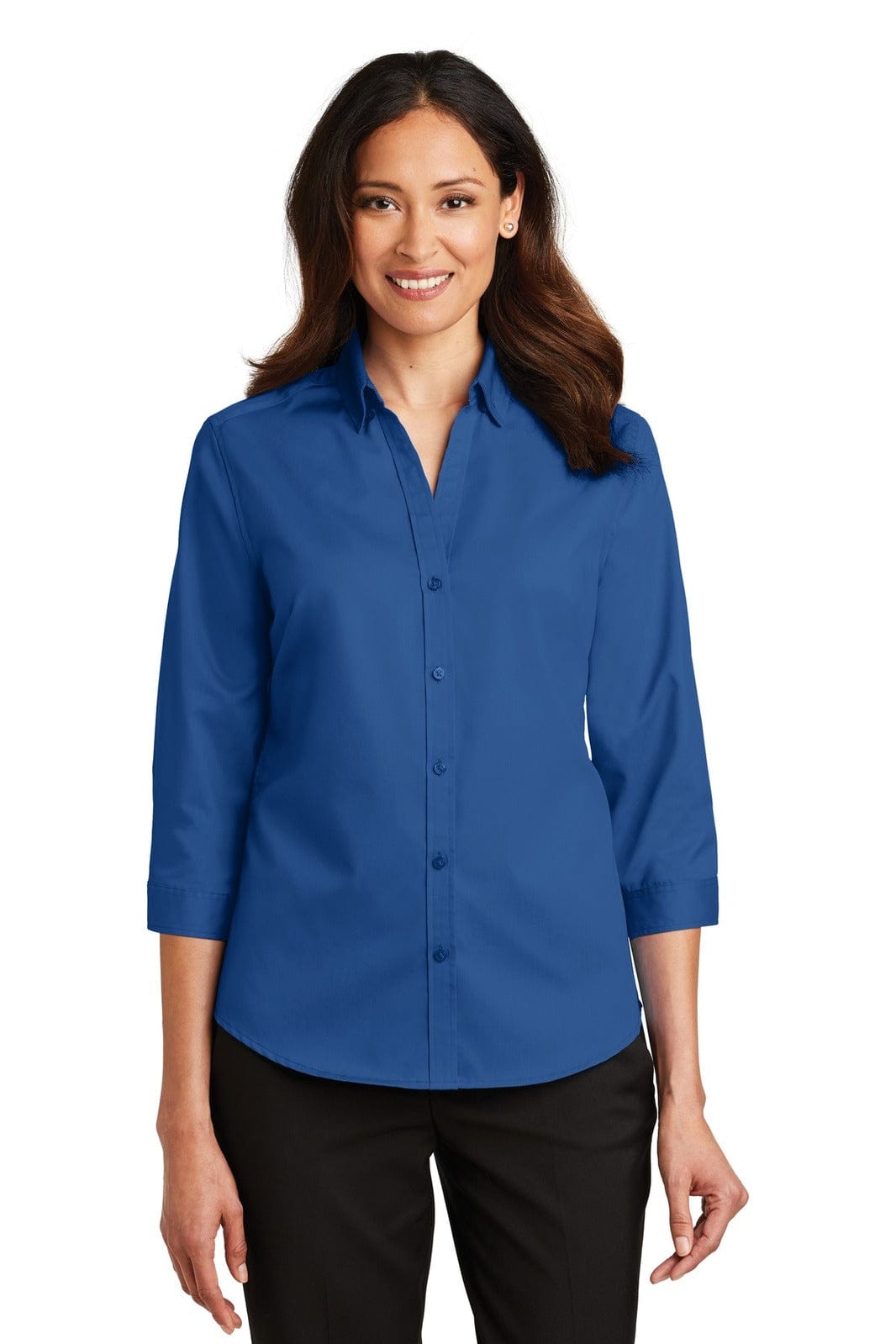 A blue, button-up shirt with 3/4 sleeves and a collar, featuring a logo on the left side.