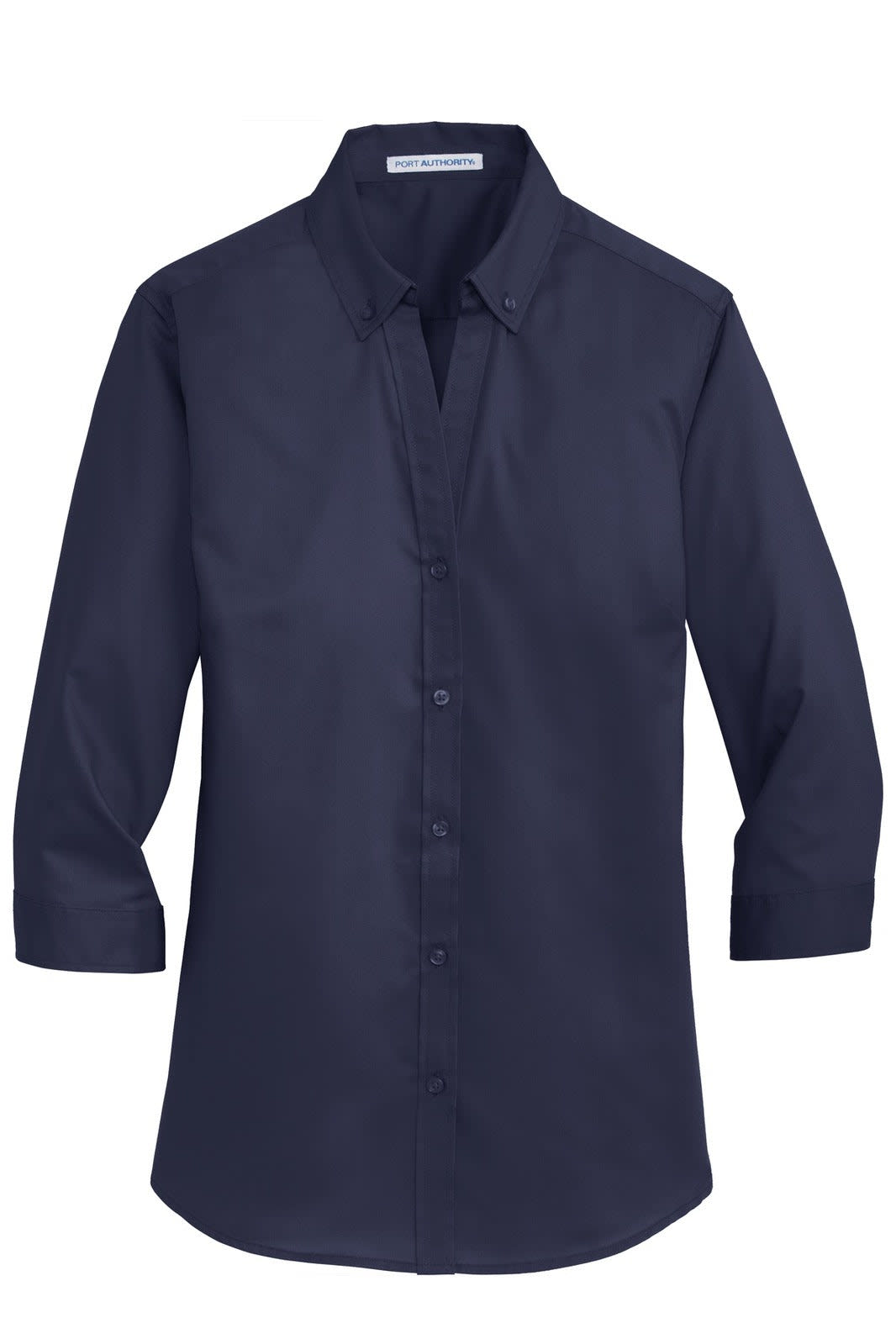 A navy blue ladies' button-up shirt with 3/4 sleeves and a collar, featuring branding.