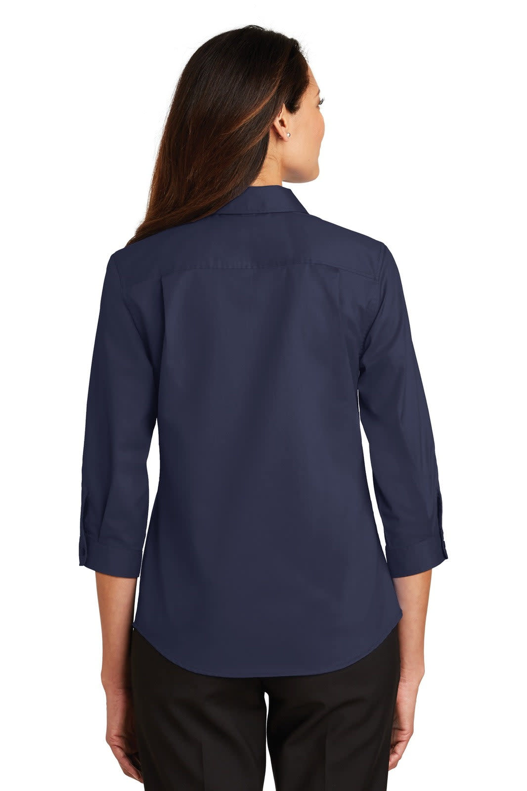 A navy blue 3/4-sleeve button-up shirt for women, featuring a collar and a logo on the back.