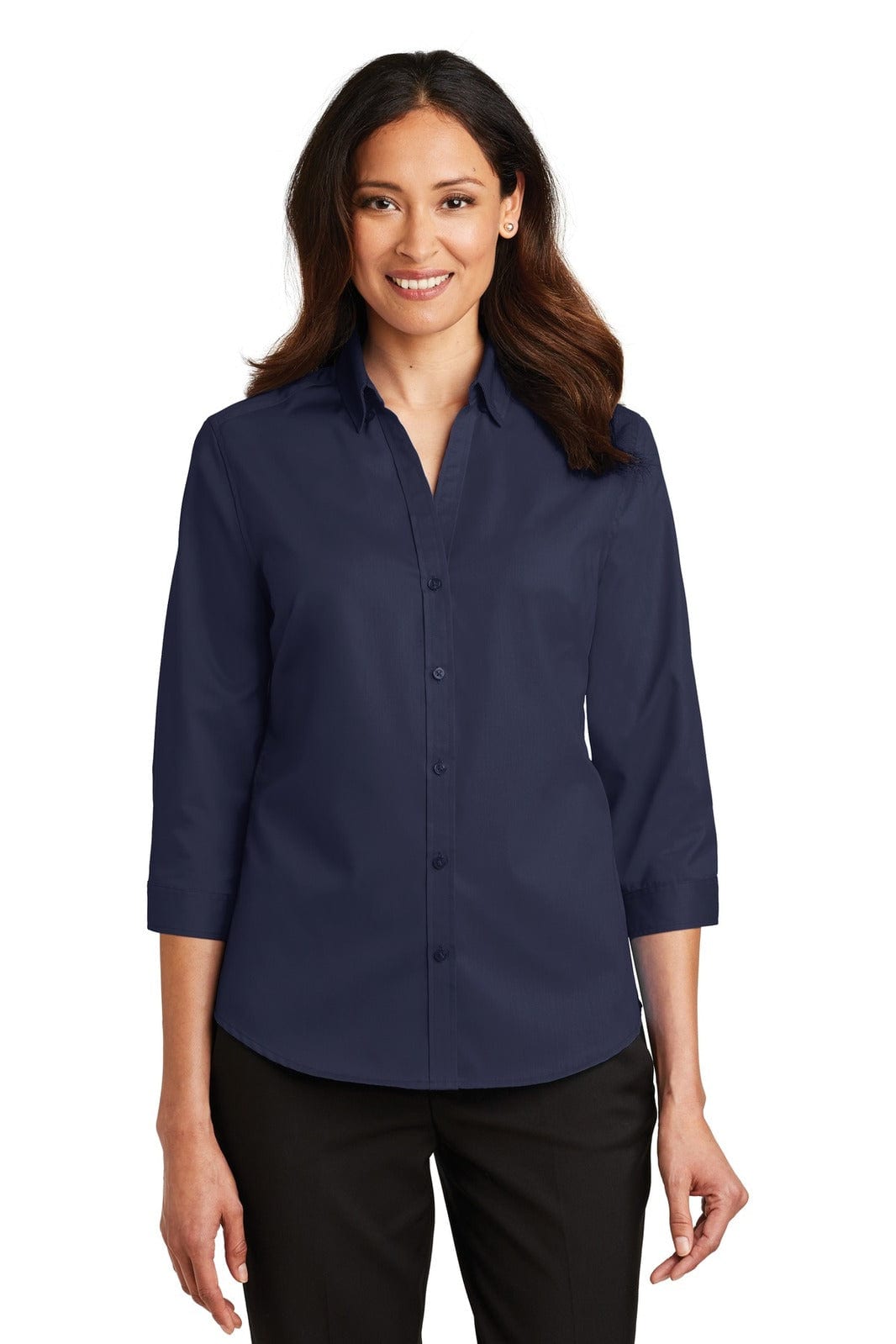 A navy blue button-up shirt with 3/4 sleeves, featuring a collar and a front button closure. It has a logo on it.