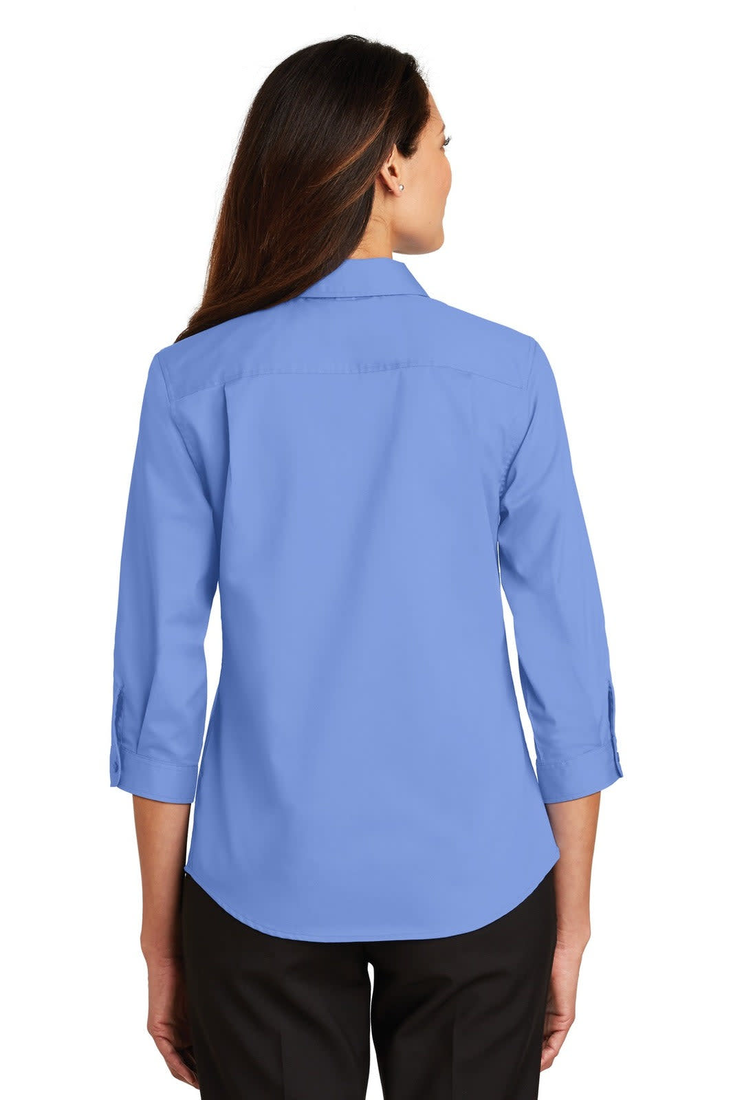 A blue women's 3/4-sleeve button-up shirt with a back view, featuring a collar and a logo.