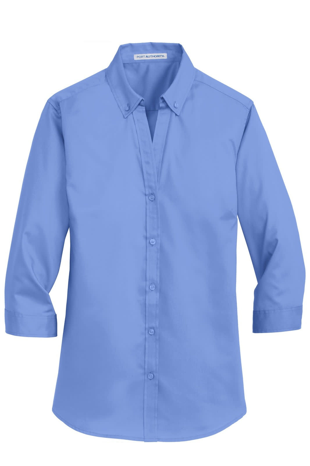A light blue button-up shirt with 3/4 sleeves and a collar, featuring a logo on the front.