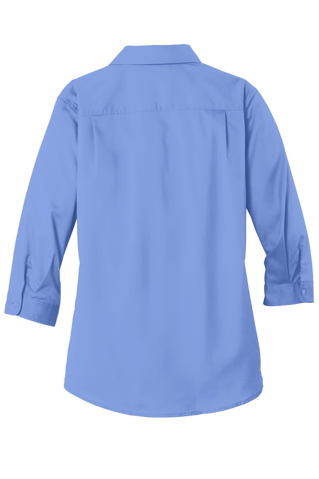 A light blue 3/4-sleeve button-up shirt with a collar and a back yoke. It features a logo on the fabric.