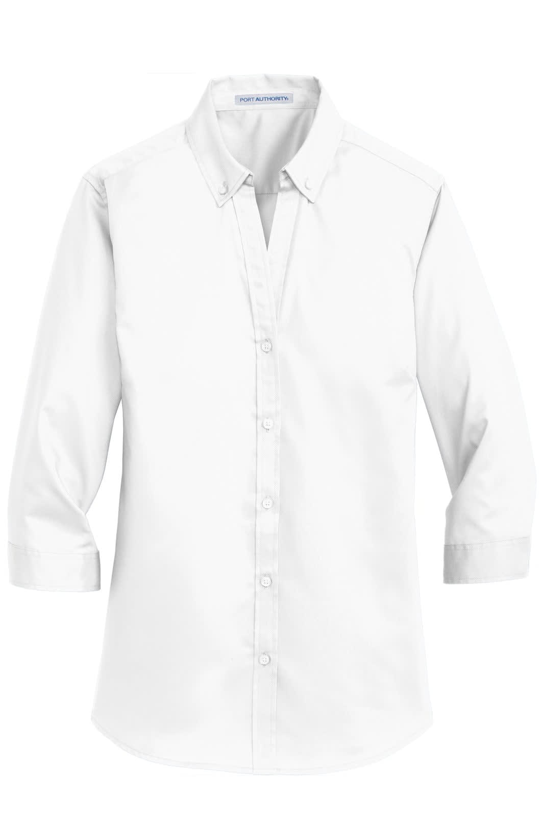 A white ladies' 3/4-sleeve button-up shirt with a collar and a branded label.