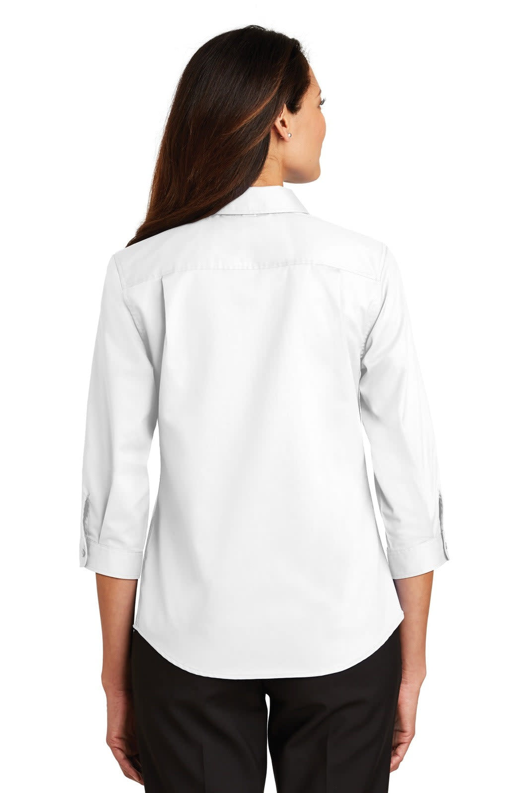 A white ladies' 3/4-sleeve button-up shirt with a branded logo on the back.