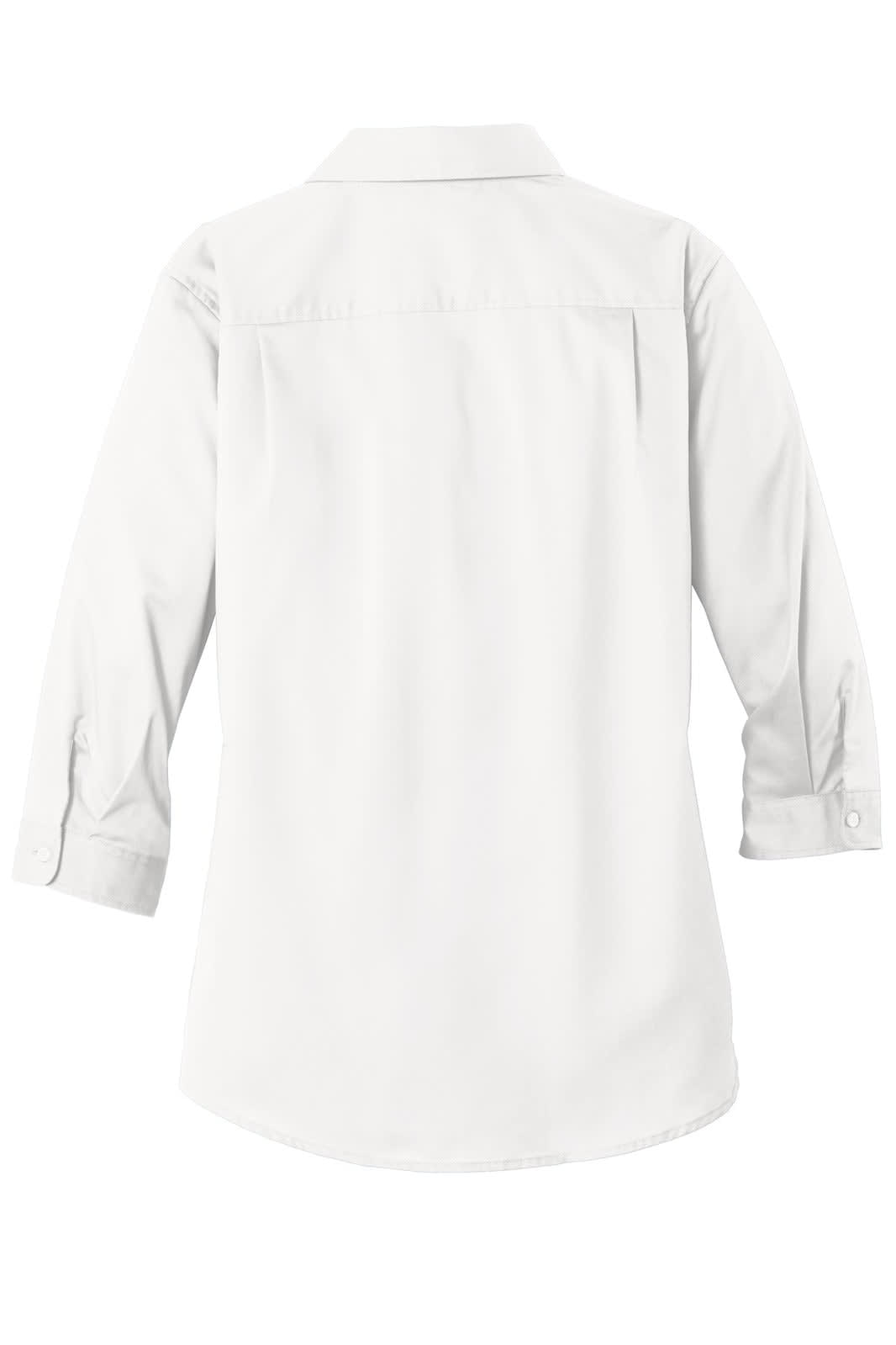 A white 3/4-sleeve button-up shirt, featuring a back yoke and a logo on the label.