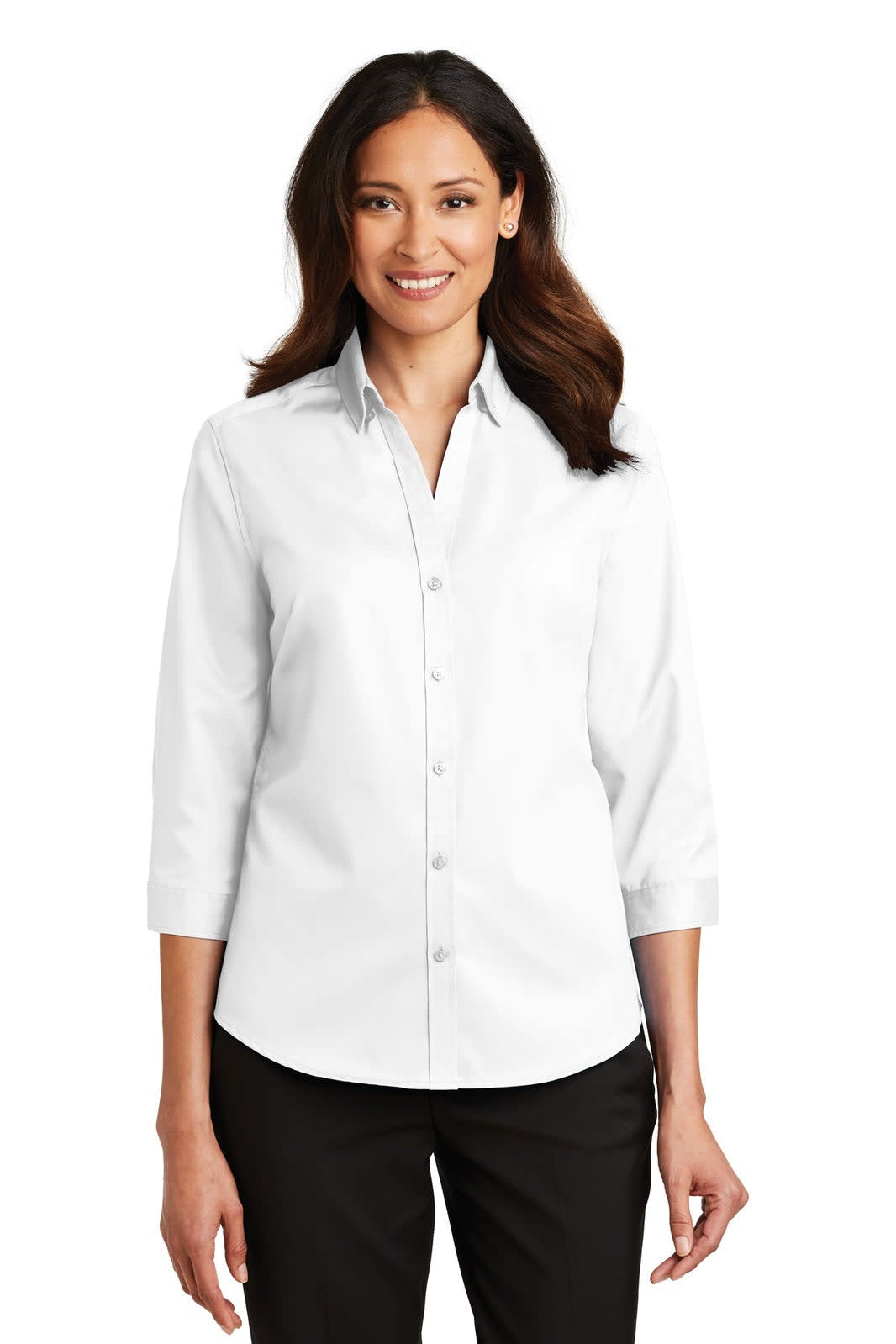 A woman models a white 3/4-sleeve button-up shirt with a collar, featuring a logo.