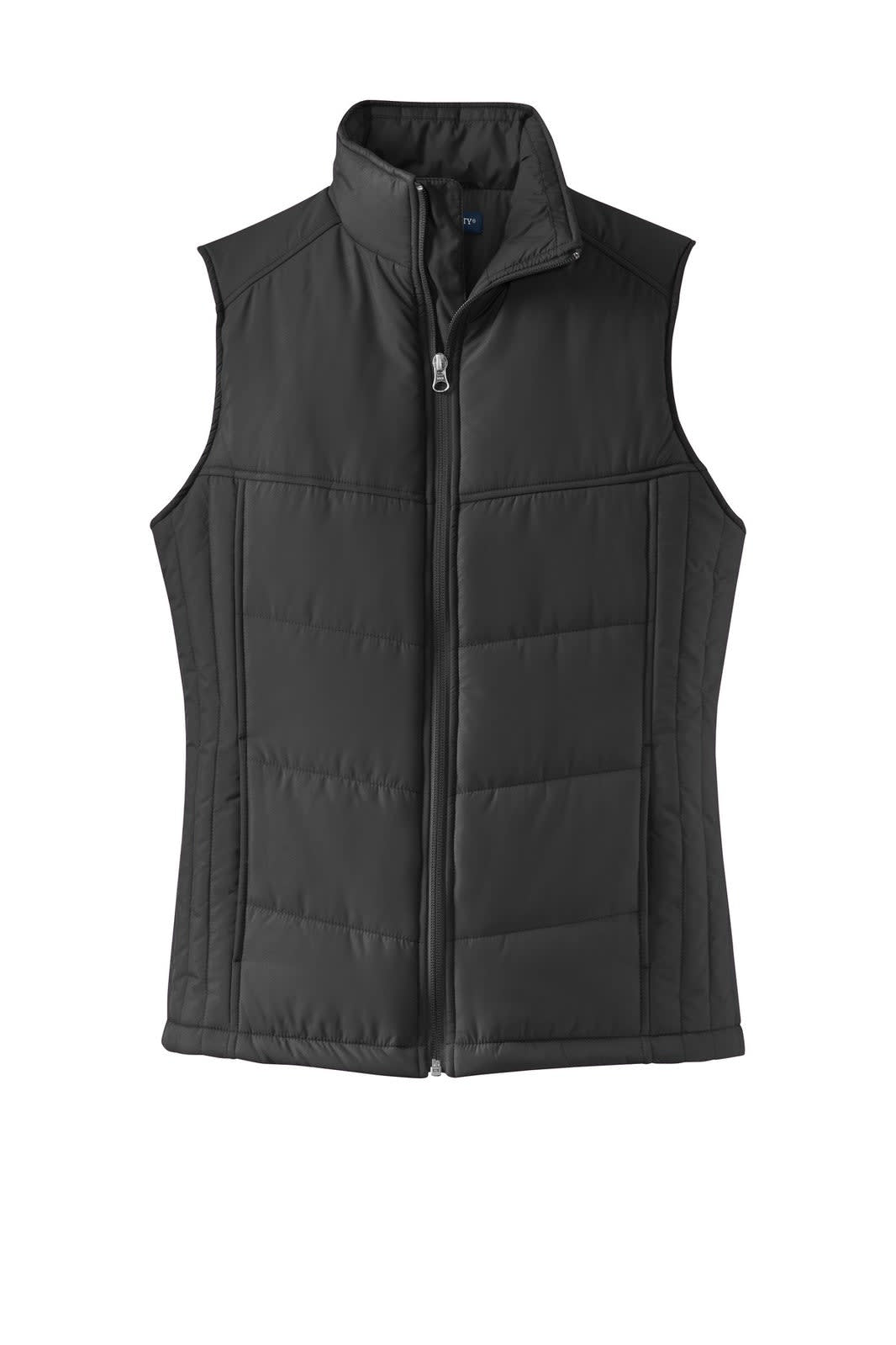 A black puffy vest with a high collar and front zipper, featuring quilted sections and a logo.