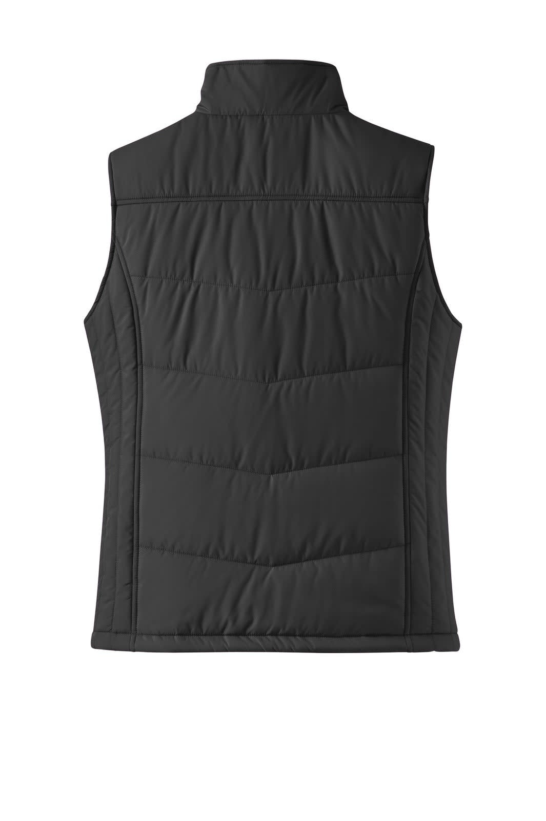 A black puffy vest featuring a high collar and quilted design, with a logo on the back.