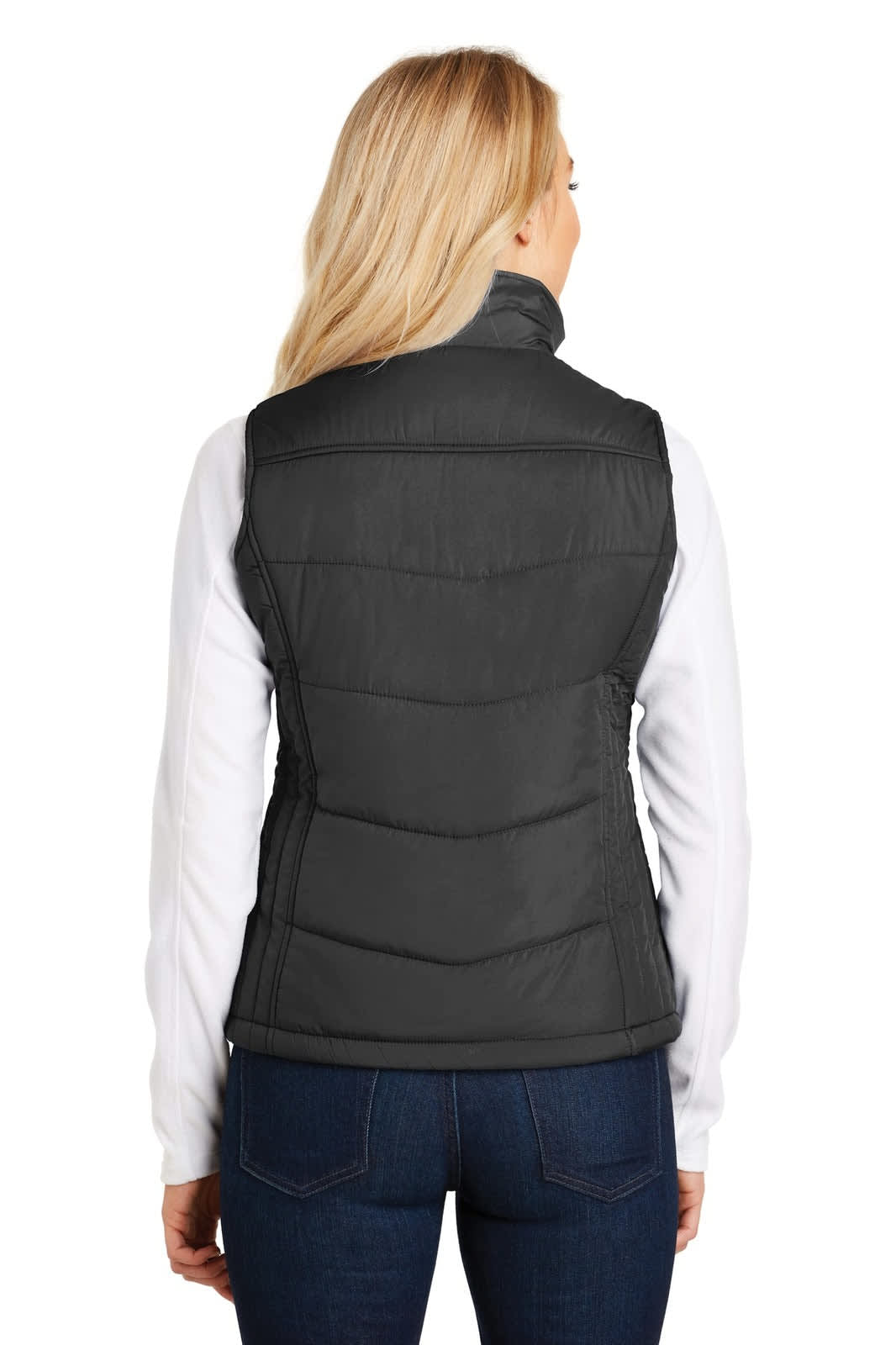 A black puffy vest with a fitted design, featuring a high collar and a branding logo on the back.