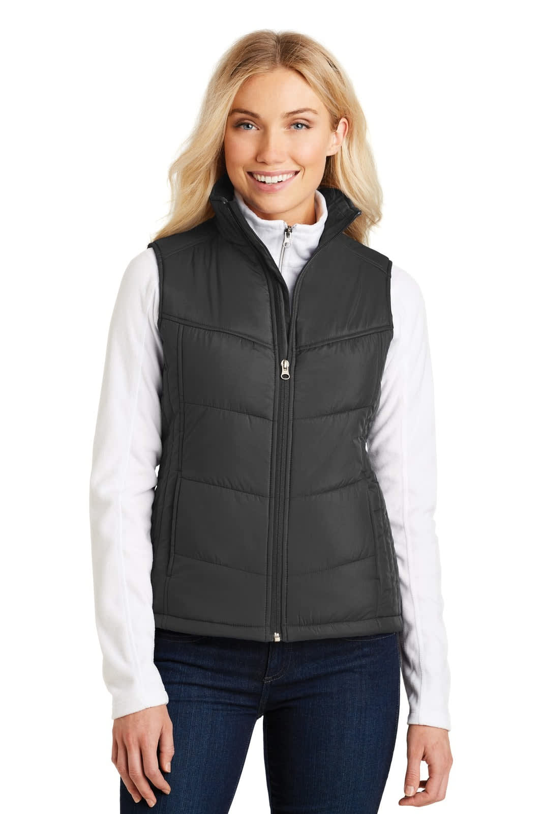 A grey puffy vest with a front zipper, featuring a collar and a logo, worn over a white top.