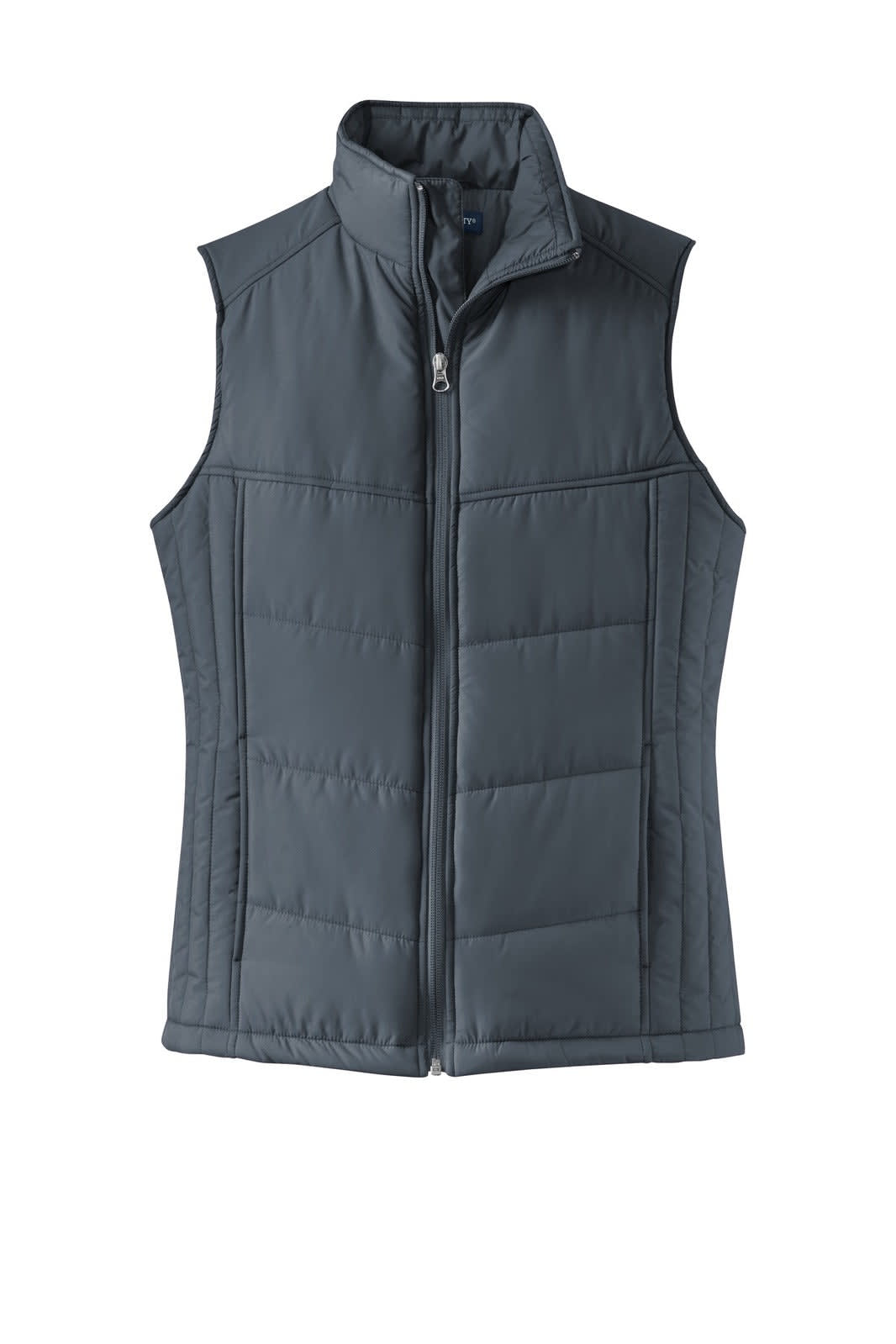 A grey ladies' puffy vest featuring a zip front and no sleeves, with a sleek design and stitching details.