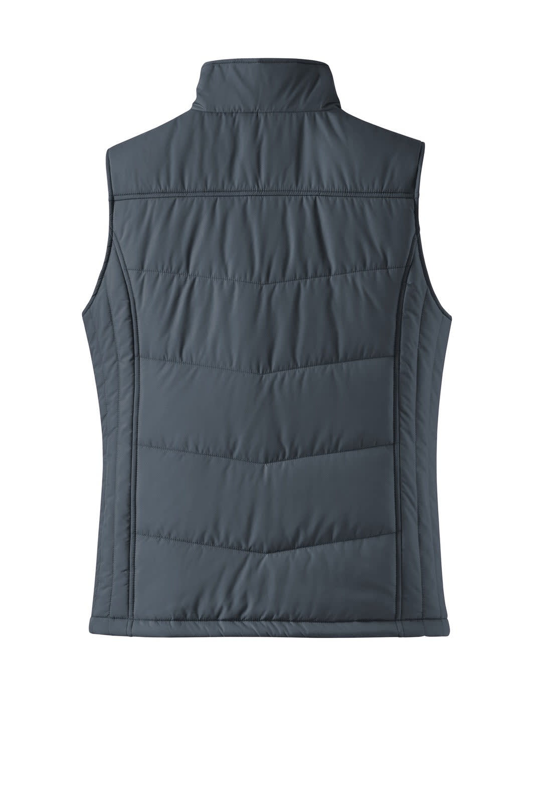 A grey ladies' puffy vest with a high collar and quilted pattern, featuring a logo on the back.