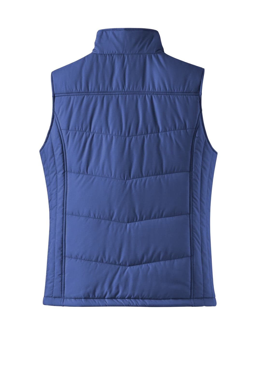 A blue puffy vest with a high collar and quilted design, featuring a logo.