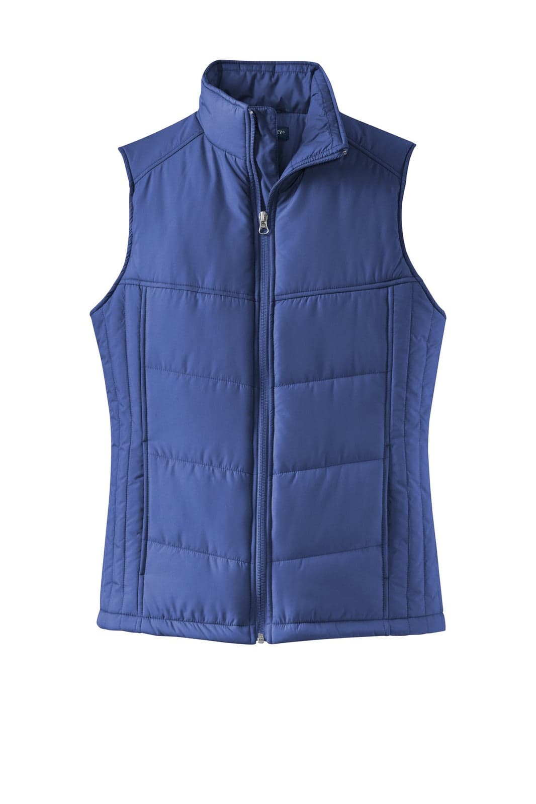A blue puffy vest with a zip front, featuring a sleek design and a branded logo.