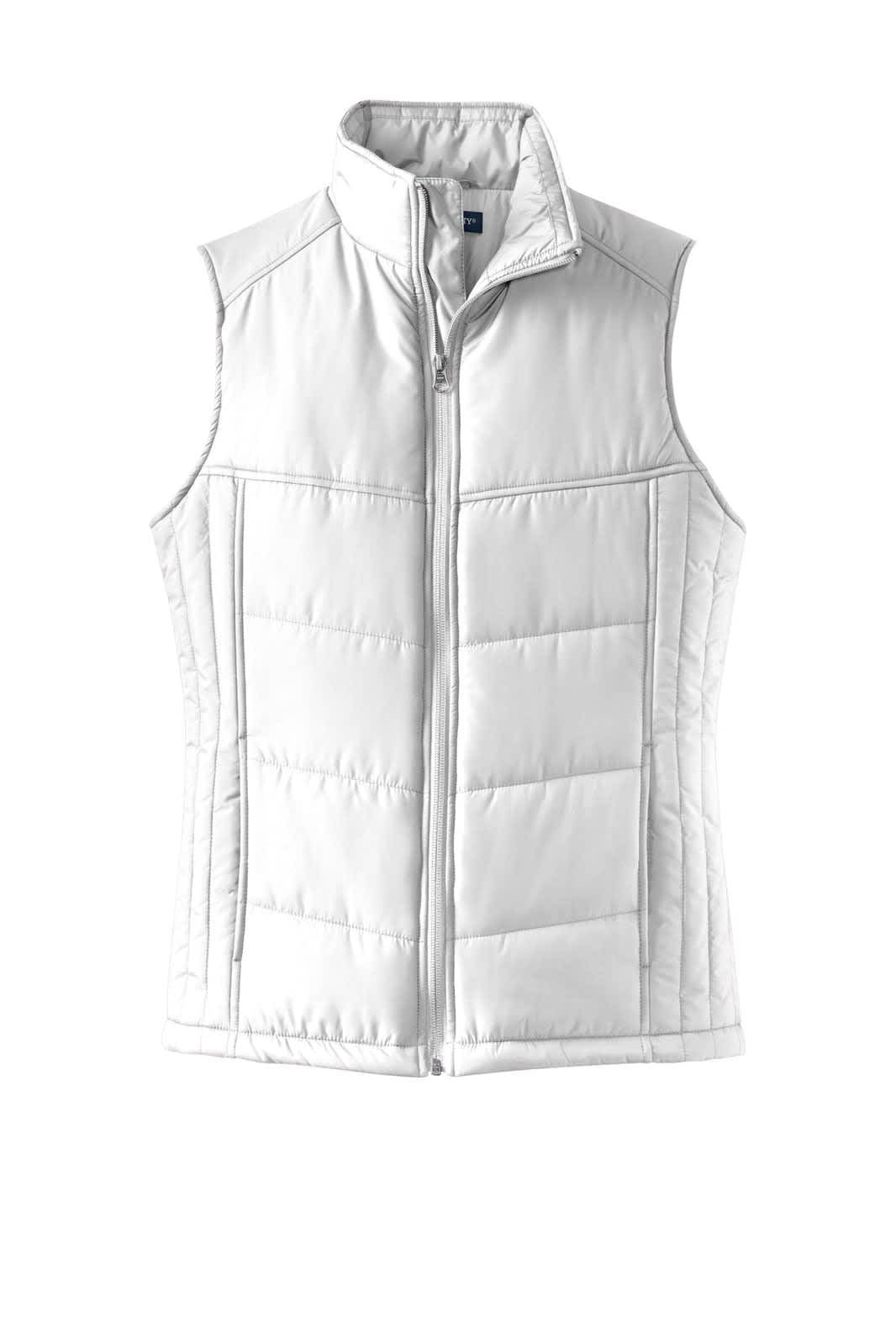 A white puffy vest with a high collar and zip closure, featuring a logo on the front.