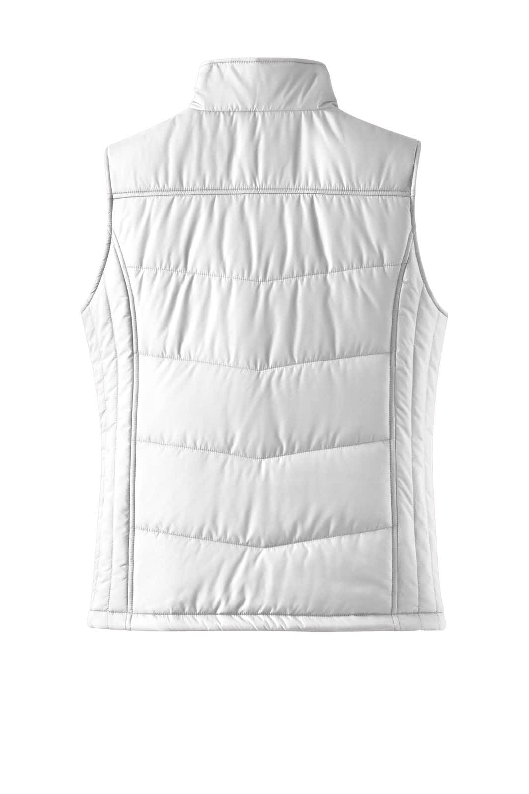 A white ladies' puffy vest with a quilted design and high collar, featuring a logo on the back.
