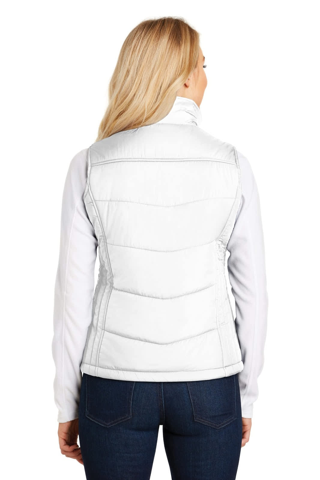 A white ladies' puffy vest with a quilted pattern and a brand logo on the back.