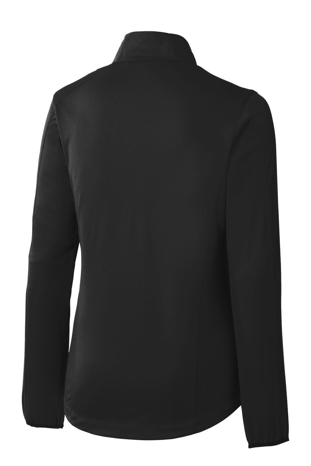 A black Port Authority ladies soft shell jacket with a collar and long sleeves, featuring a logo on the back.