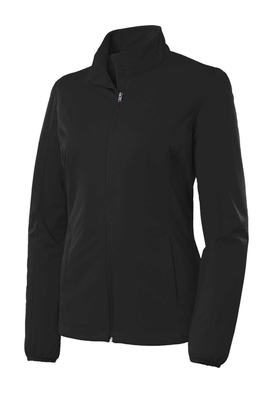 A black ladies' active soft shell jacket with a collar and zip closure, featuring a logo on it.