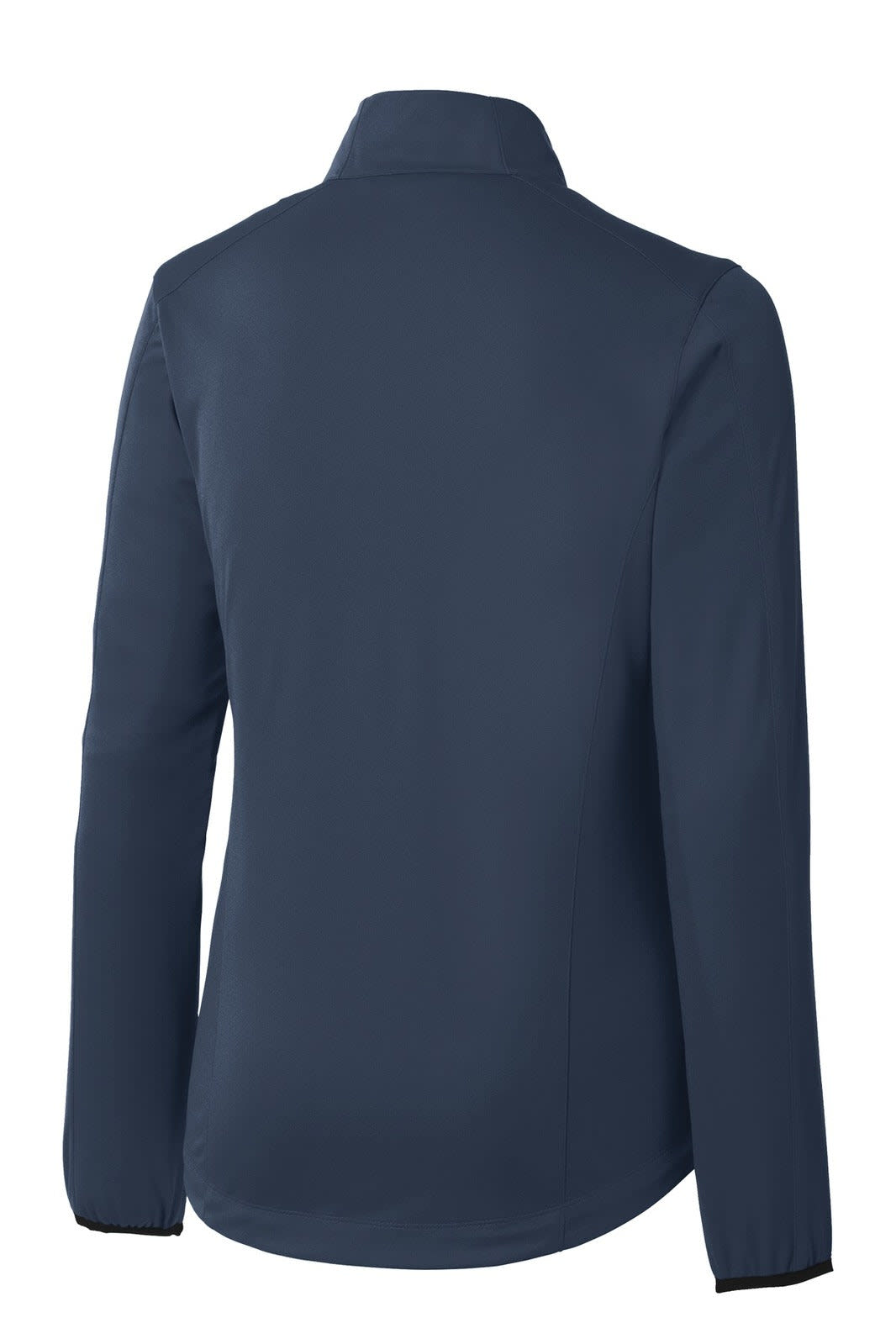 A navy blue Port Authority ladies' active soft shell jacket with a collar and long sleeves, featuring a logo.