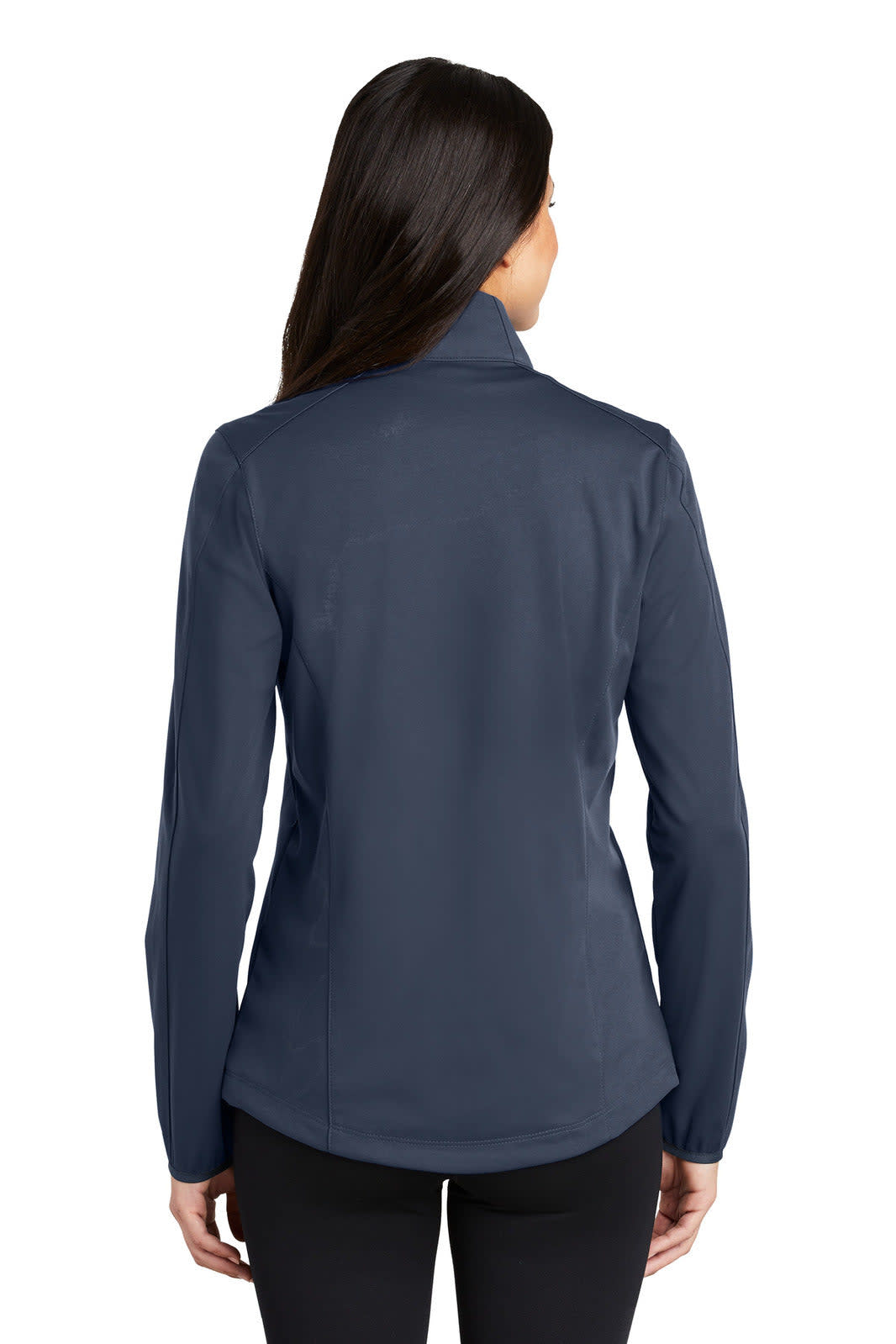 A navy blue women's active soft shell jacket with a sleek design and a collar, featuring a logo on the back.
