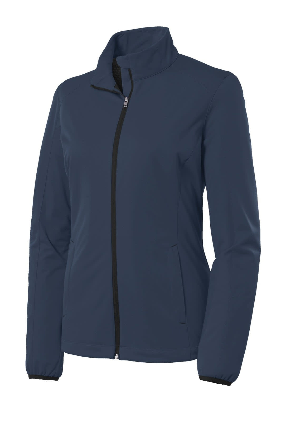 A navy blue ladies' soft shell jacket with a high collar, front zip, and side pockets. Features a logo.