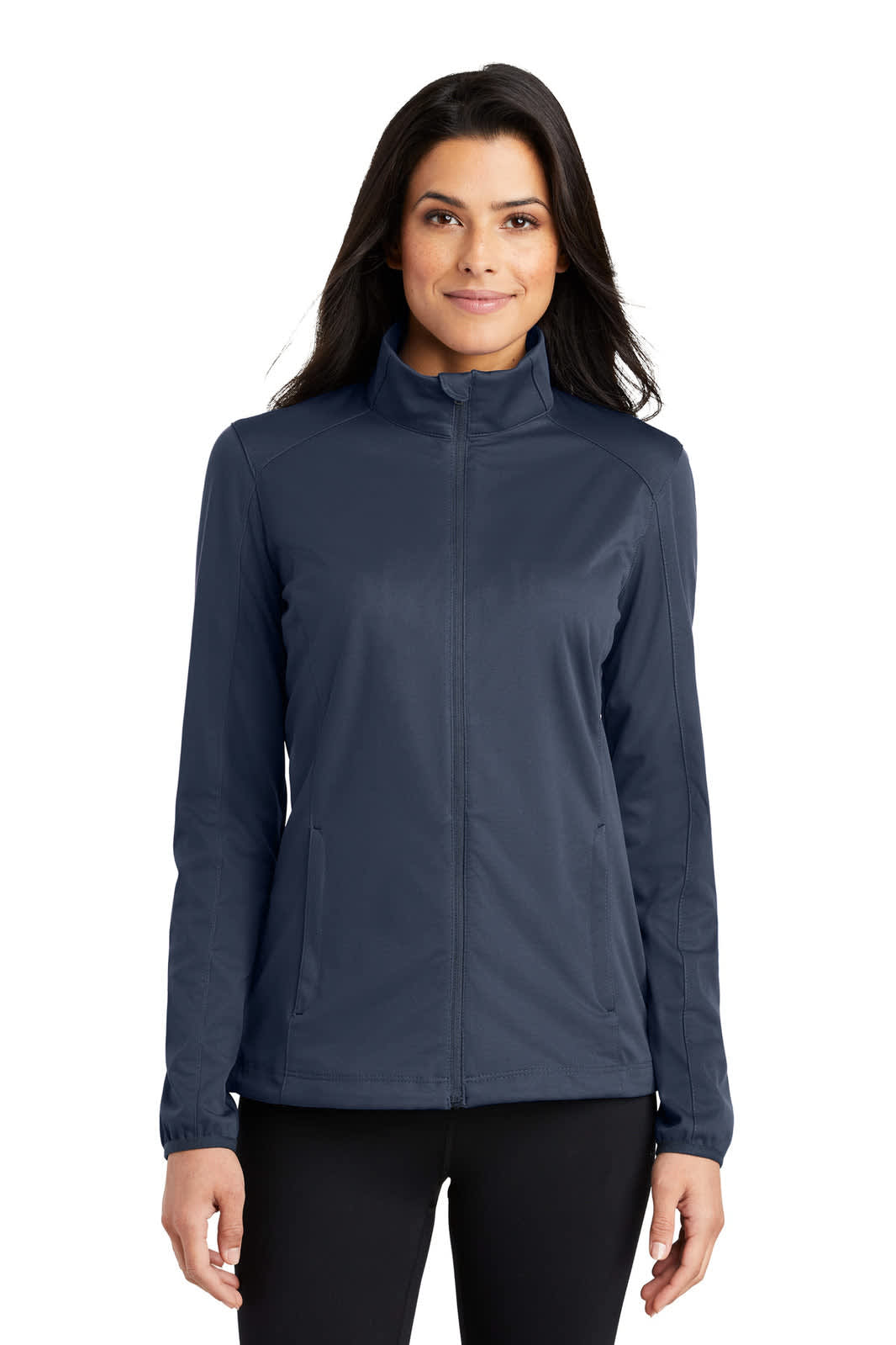 A navy blue ladies' active soft shell jacket featuring a zip front and pockets, with a logo on the chest.