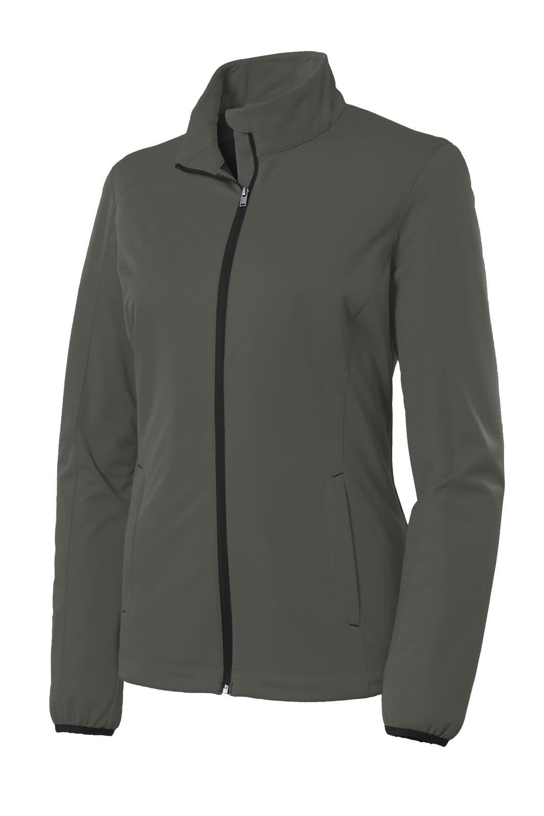 A ladies' soft shell jacket in a dark grey colour with a zip closure and pockets, featuring a logo.