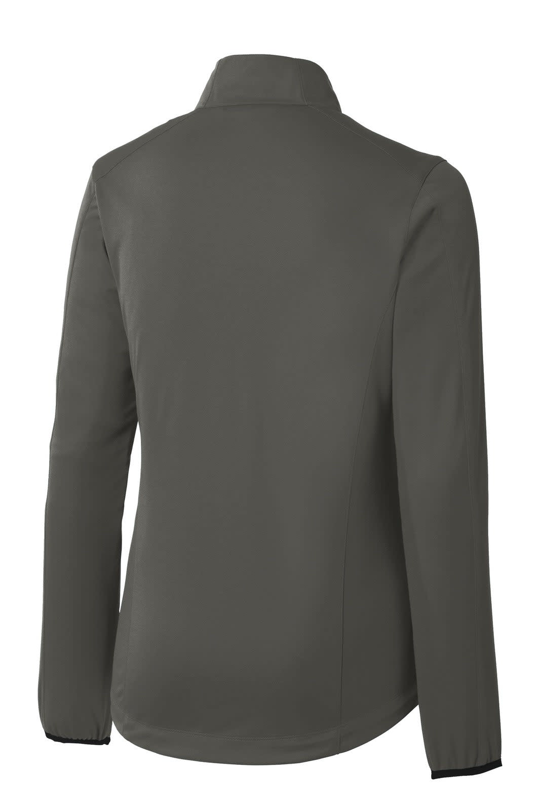 A grey women's active soft shell jacket with a high collar and long sleeves, featuring a logo on the back.