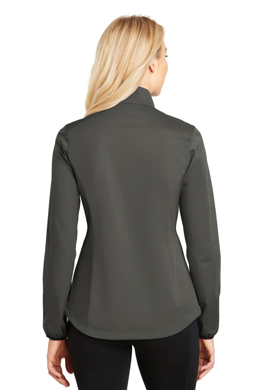 A women's soft shell jacket in dark grey, featuring a fitted design and long sleeves, with a logo on the back.