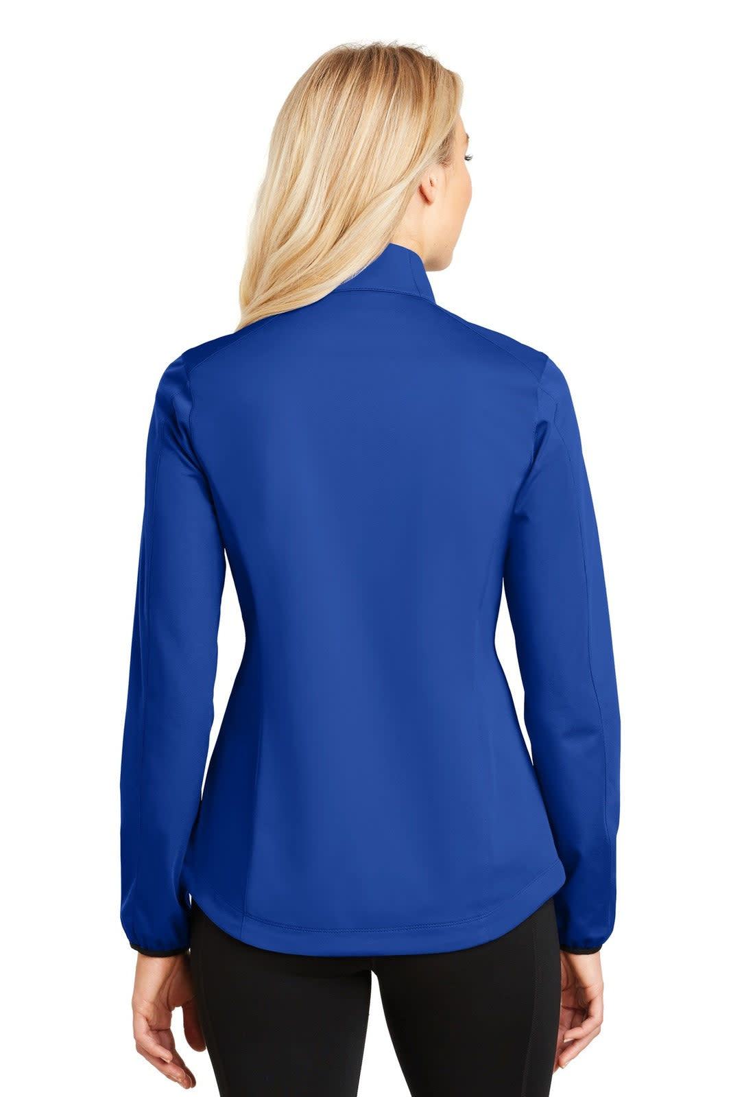 A blue soft shell jacket for ladies, featuring a fitted design and a collar at the back. It has a logo.