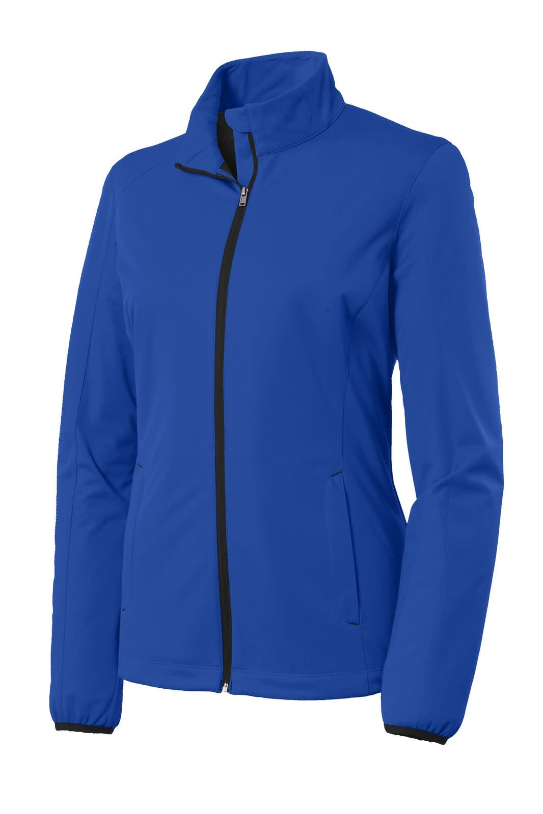A blue soft shell jacket with a black zipper and collar, featuring side pockets and a fitted design.