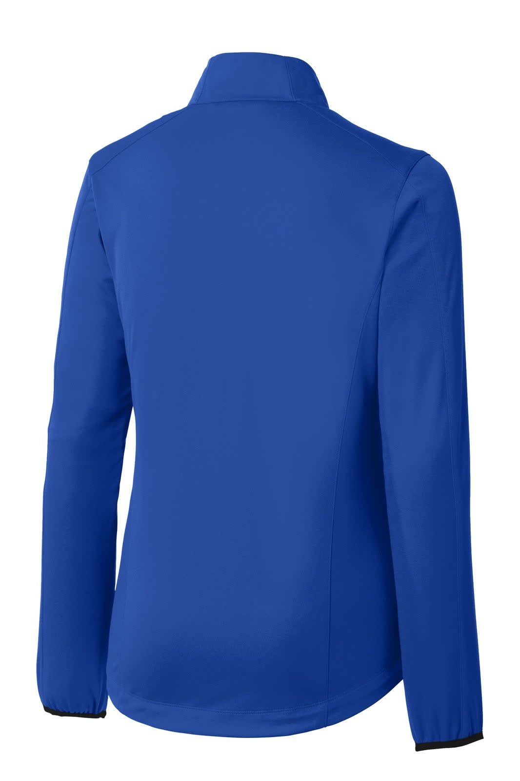A blue Port Authority ladies' active soft shell jacket with a collar and elastic cuffs, featuring a logo.