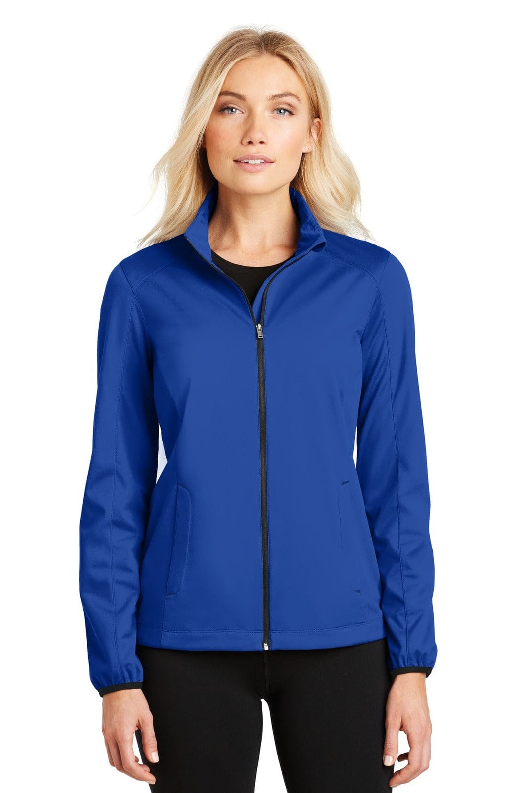A blue soft shell jacket with a zip front, featuring a collar and pockets. Includes a logo.