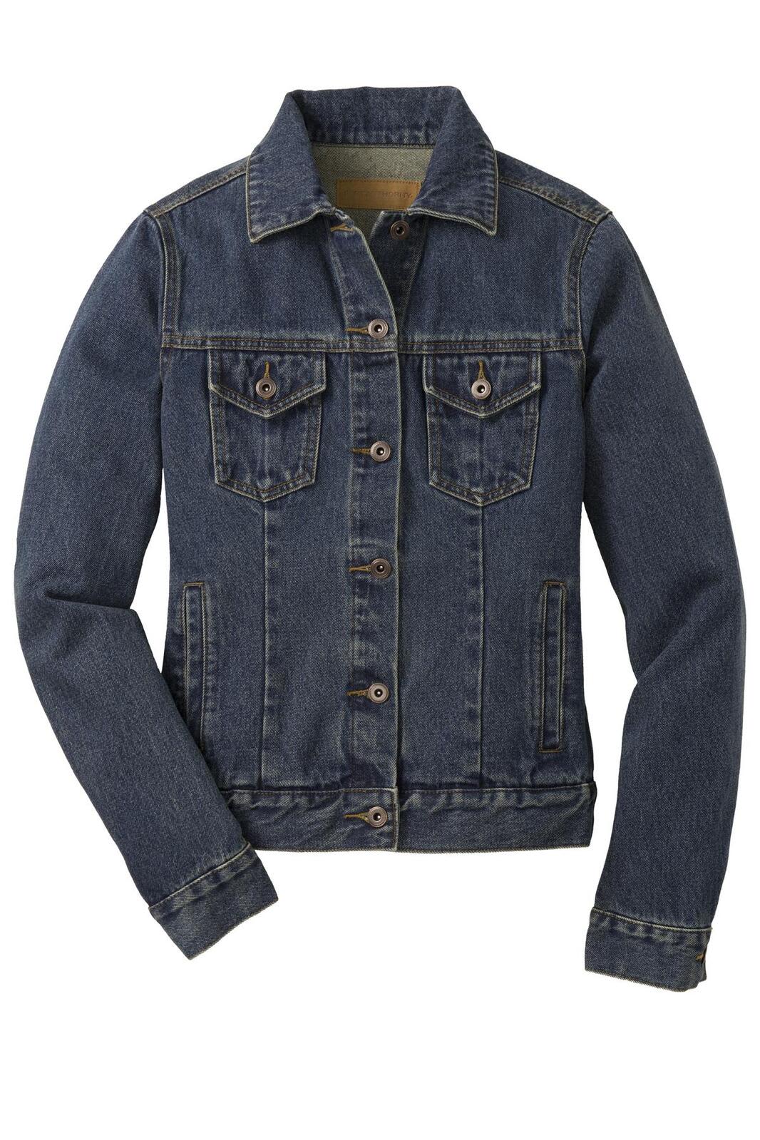 A dark blue denim jacket featuring a classic design, with two chest pockets and a logo.