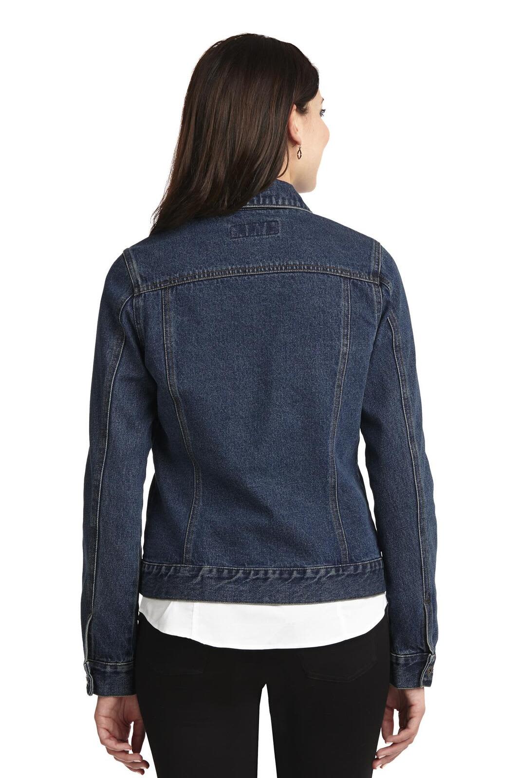 A denim jacket in dark blue, featuring long sleeves and a fitted design. The back view shows a simple, classic style with a logo.