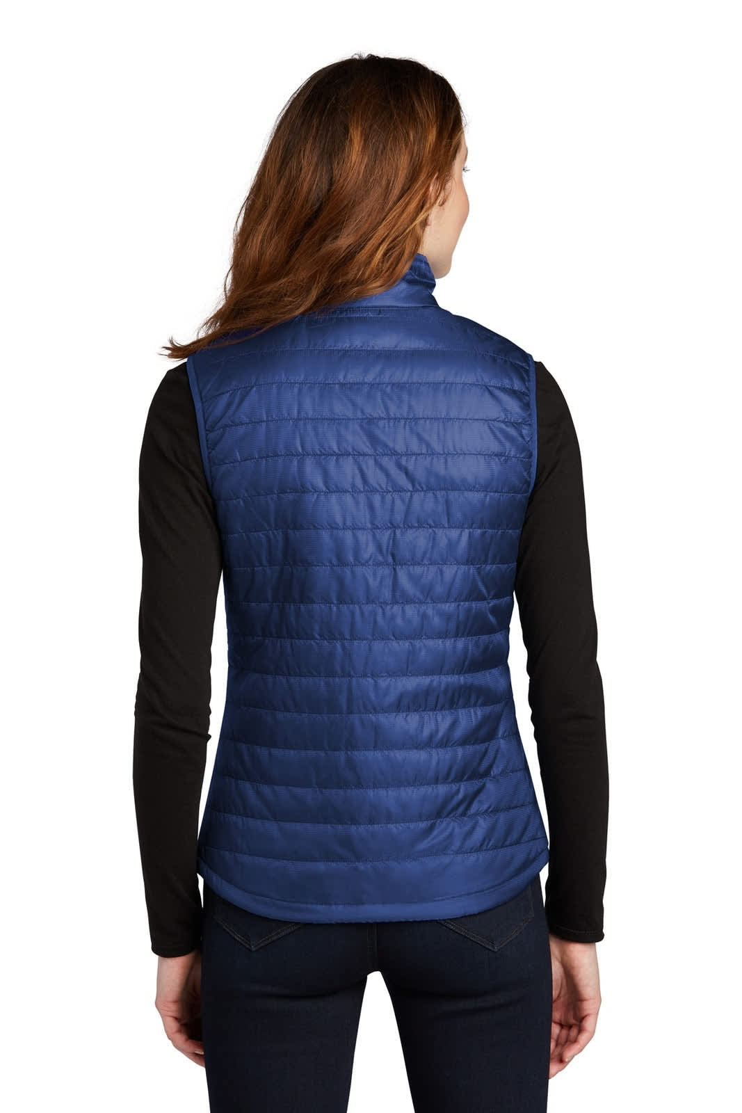 A back view of a ladies' packable puffy vest in navy blue, featuring quilted design and a high collar.