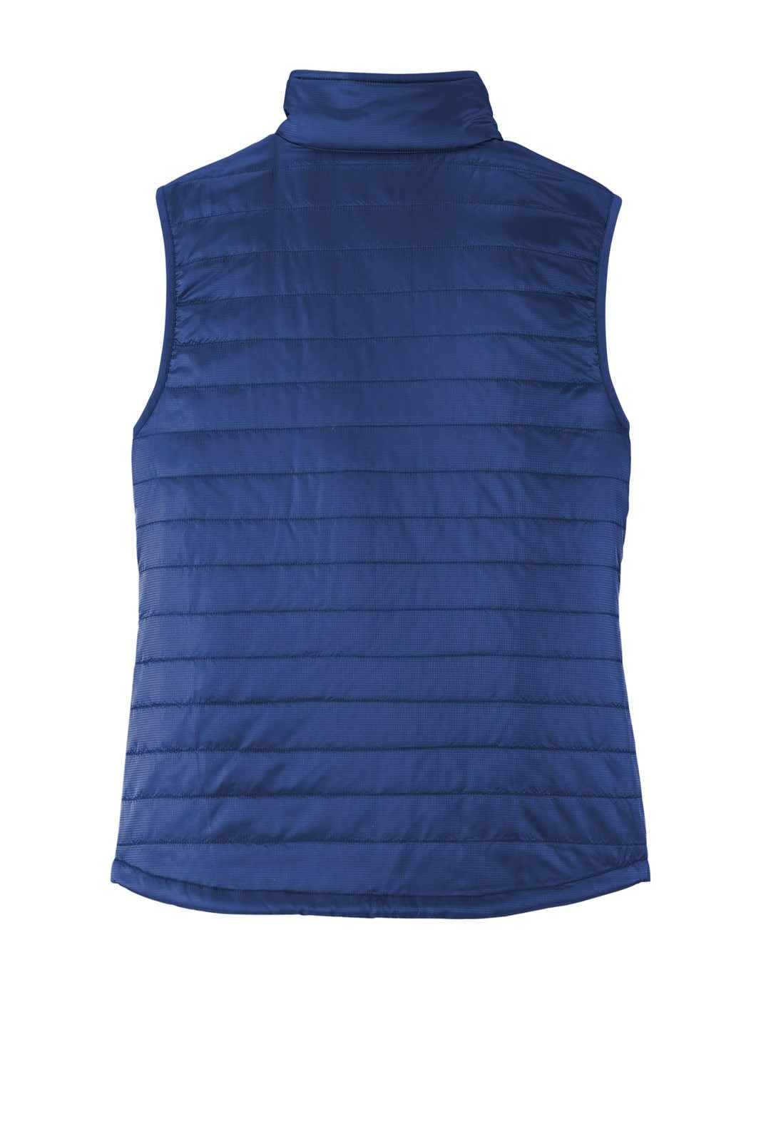 A navy blue ladies' packable puffy vest with a high collar and horizontal stitching. Features a branded logo.