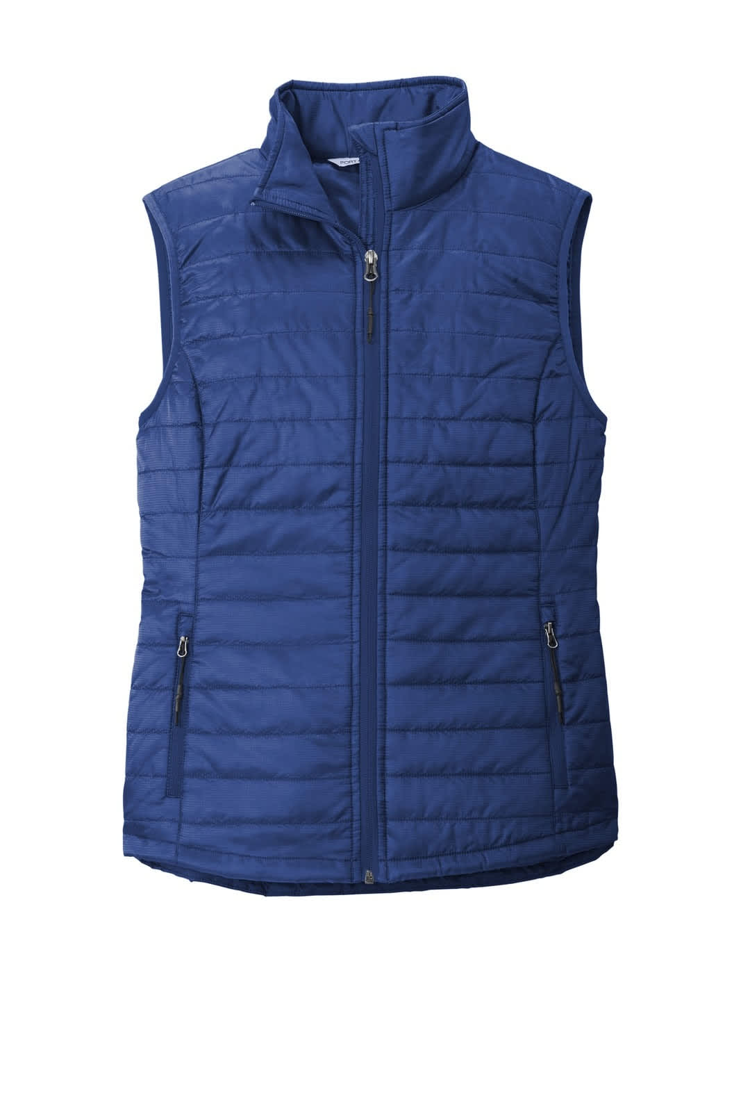 A blue packable puffy vest with a zip front and two side pockets, featuring a logo.