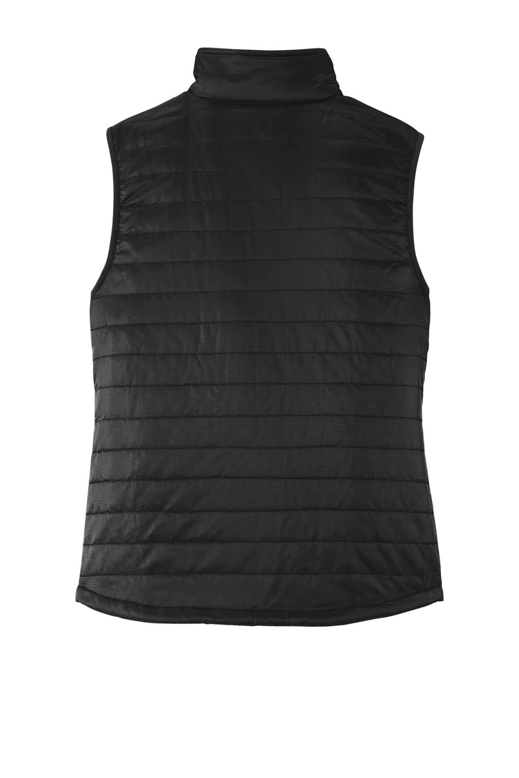 A black puffy vest featuring a stand-up collar and a quilted design, with a branded logo on the back.