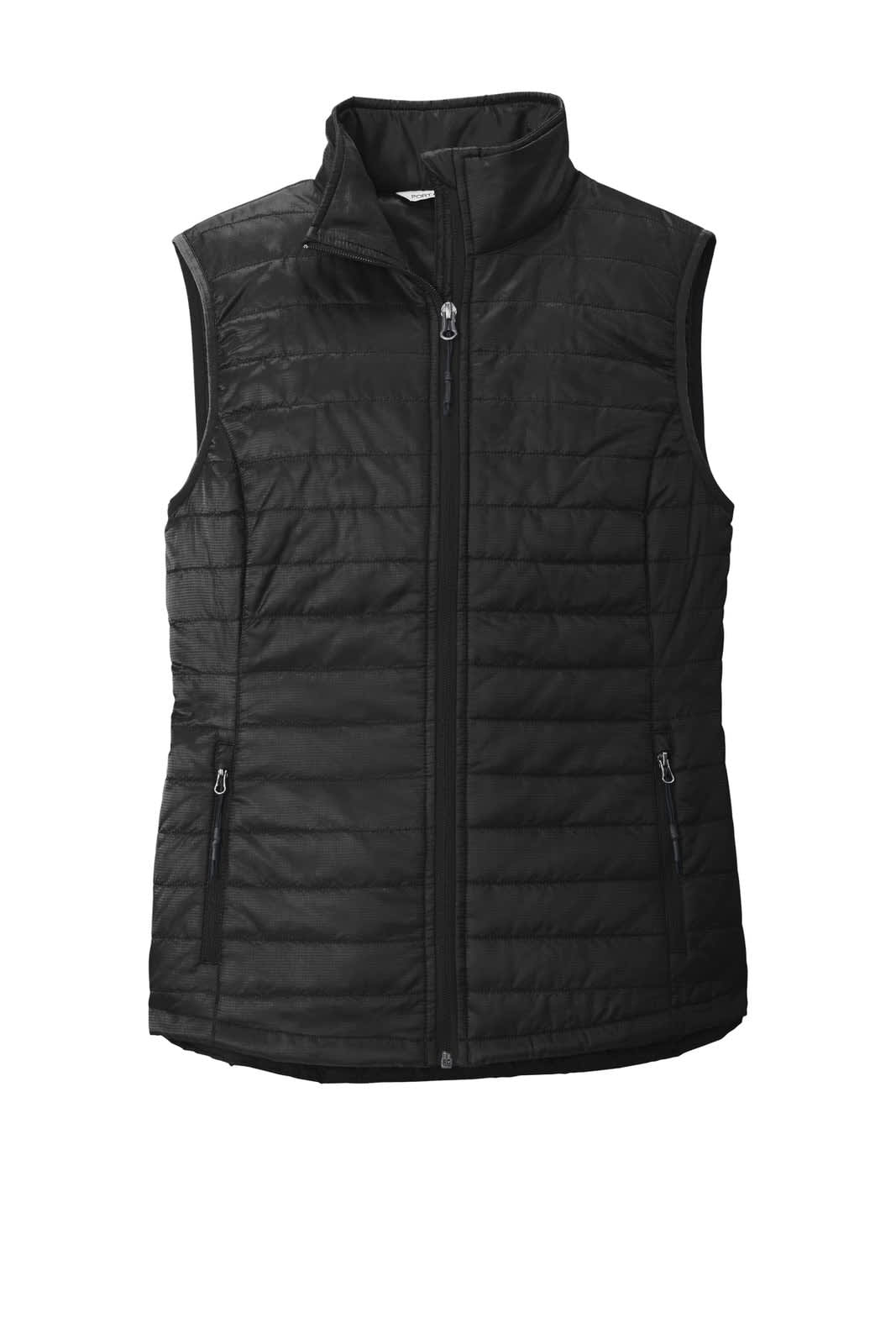 A black ladies' packable puffy vest with zippered pockets and a high collar, featuring a logo.
