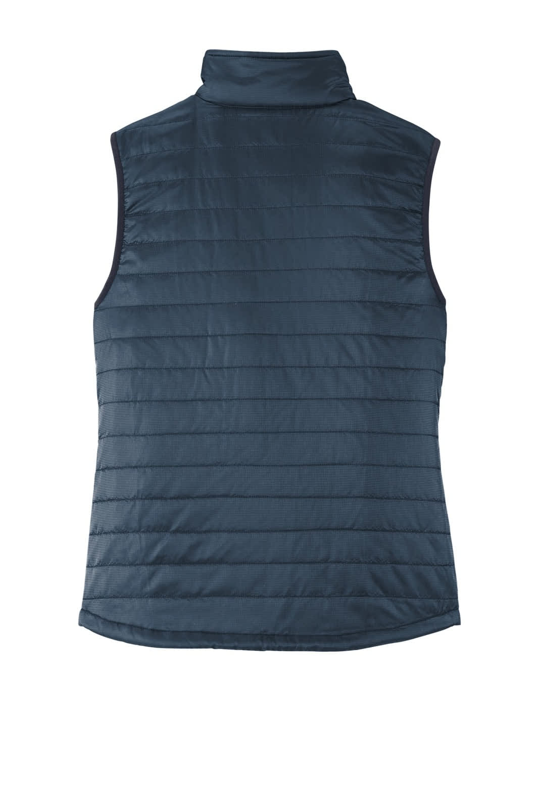 A navy blue packable puffy vest with a high collar and horizontal stitching. It features an unobtrusive logo.