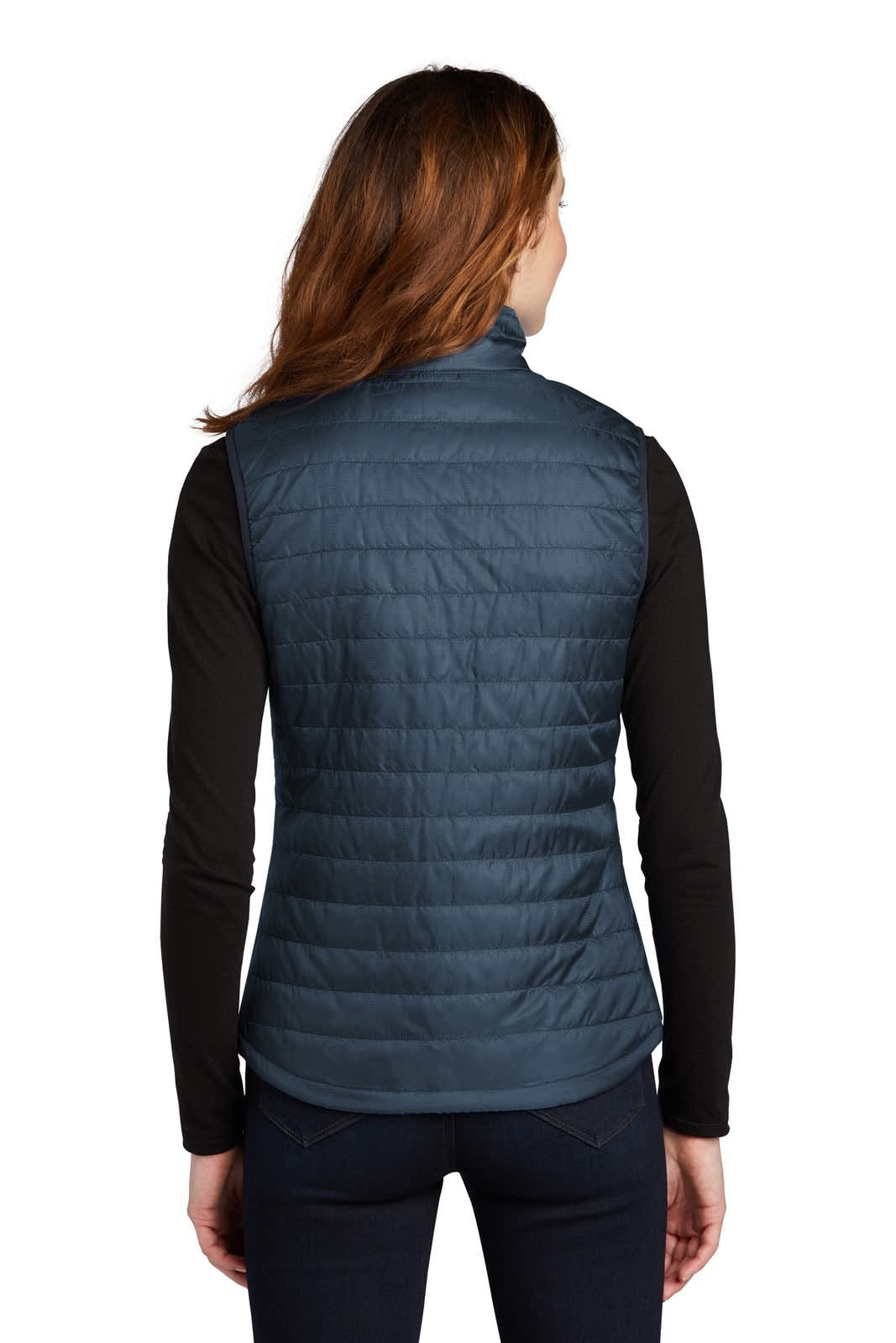 A ladies' packable puffy vest in navy blue with a quilted design, featuring a back view.