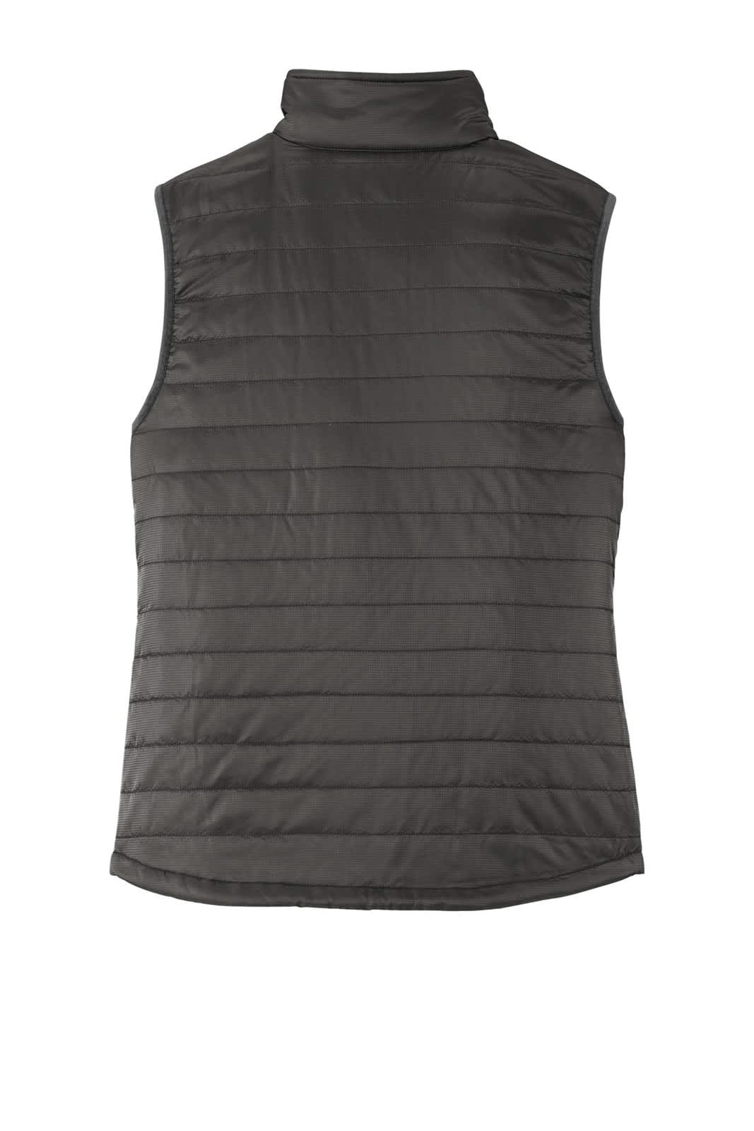 A packable puffy vest in dark grey with a textured, quilted design and a high collar. Features a logo.