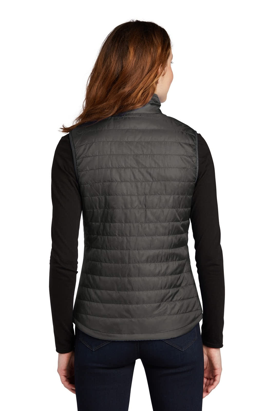 A black packable puffy vest with a quilted design, shown from the back on a person wearing a black long-sleeve top.