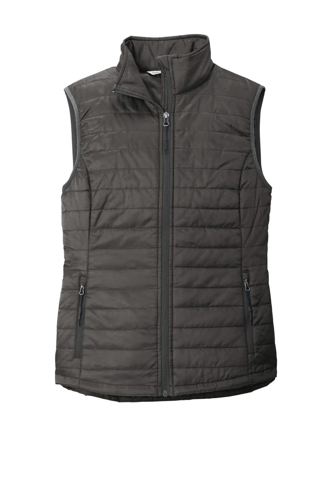 A padded ladies' vest in dark grey, featuring a zip front and side pockets, with an integrated branding logo.