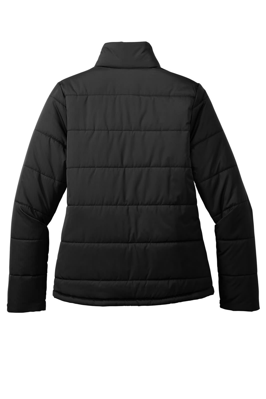 A black Port Authority ladies' puffer jacket, featuring a quilted design and a collar, with a logo displayed.