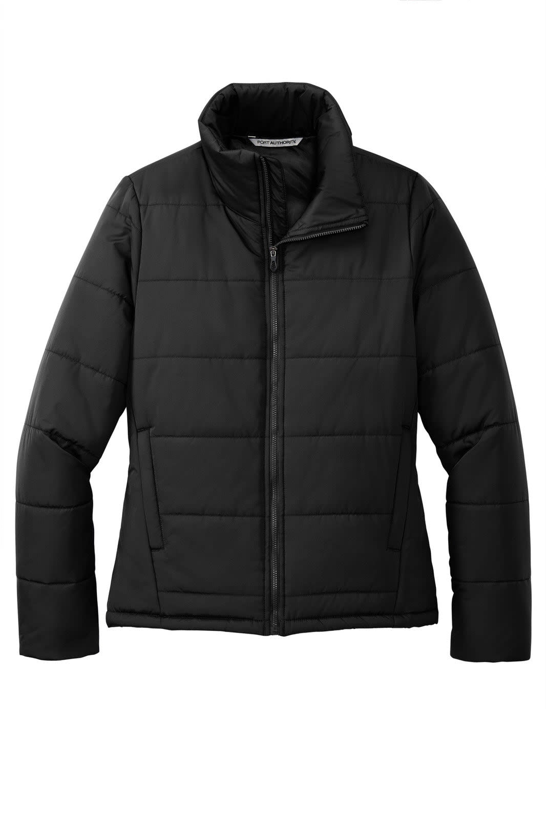 A black puffer jacket with a zip front, featuring a high collar and a logo on the sleeve.